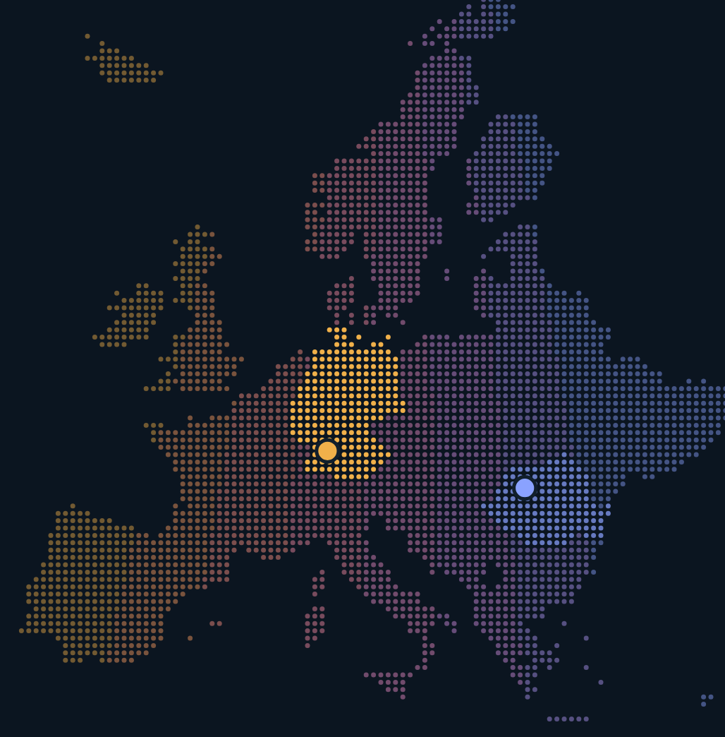 Map of Europe shaded from orange in the west to blue in the east, with our two epicentres marked: Stuttgart in Germany and Cluj-Napoca in Romania