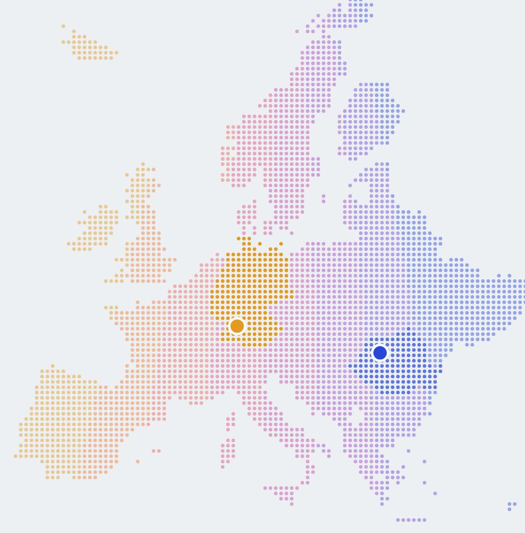 Map of Europe shaded from orange in the west to blue in the east, with our two epicentres marked: Stuttgart in Germany and Cluj-Napoca in Romania
